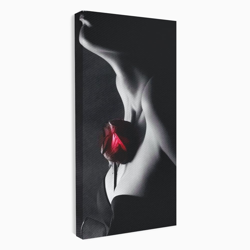 Tablou canvas cu tablou canvas cu profil de femeie si trandafir rosu, fara rama, pe sasiu de lemn